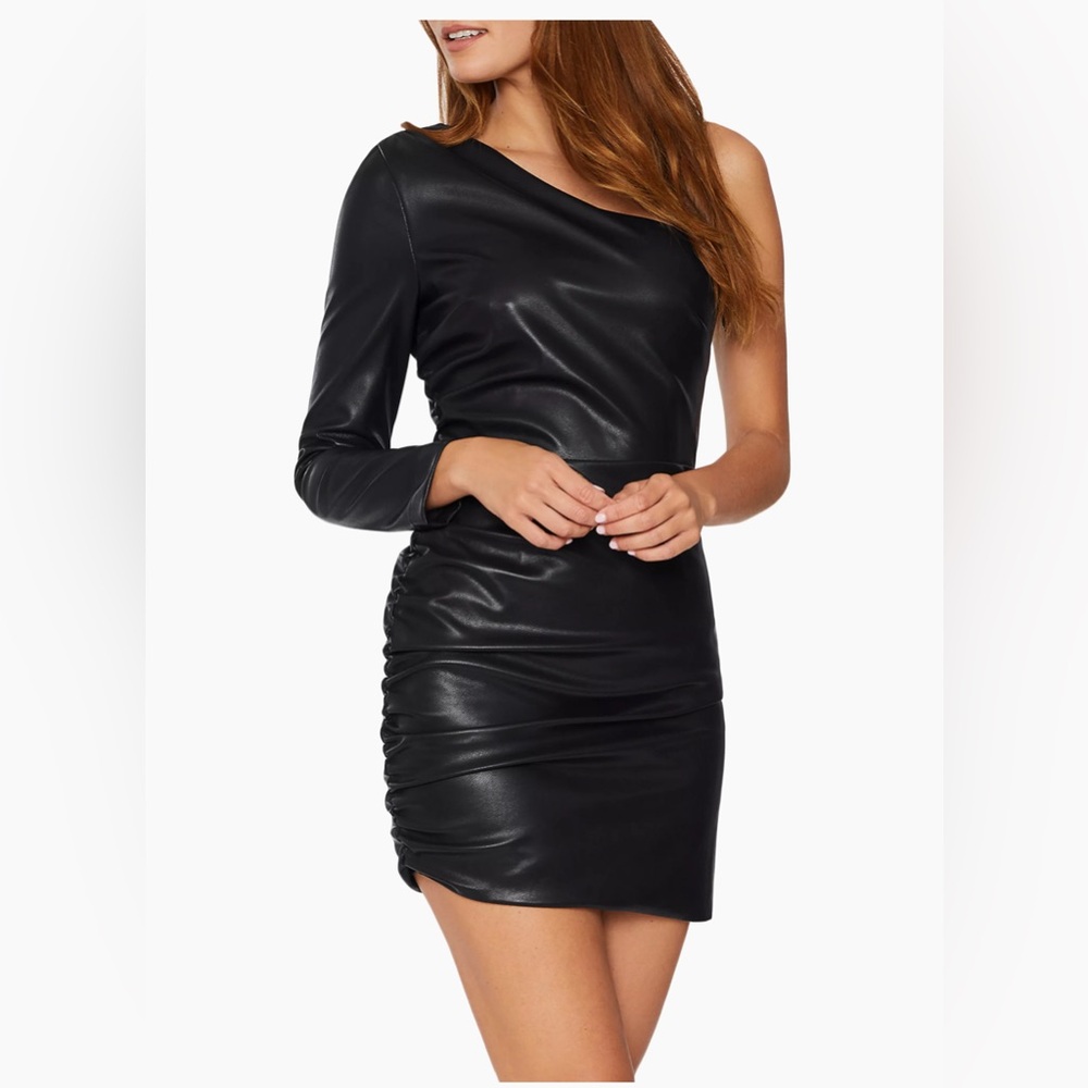 Likely Serena One-Shoulder Faux Leather Minidress, grayish color, Size 4, $248